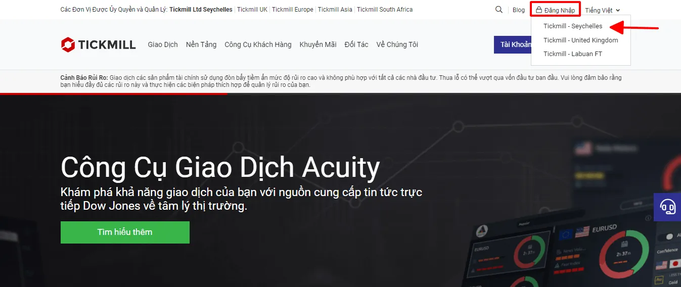 Tickmill home page with the Log in button at the top right open on the entity list, Seychelles marked with a red arrow