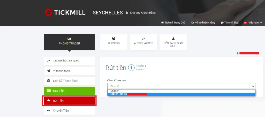 Withdrawal step 1, Choose Wallet, with the dropdown open on the USD wallet and Withdraw marked in the left-hand menu