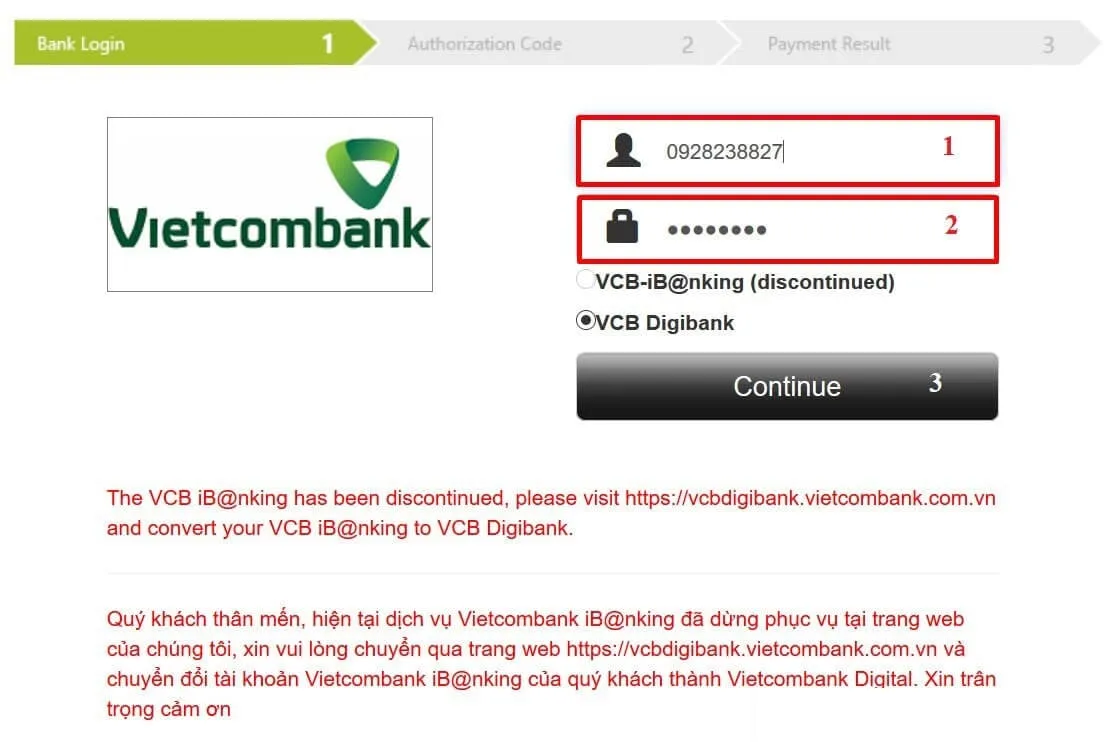 Màn hình nhập tên đăng nhập và mật khẩu internet banking trên cổng thanh toán (giao diện năm 2023)
