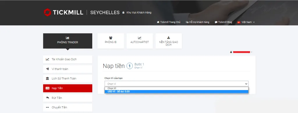 Deposit step 1 in the client area, Choose Wallet, with the dropdown open on a USD wallet showing a 0.00 balance