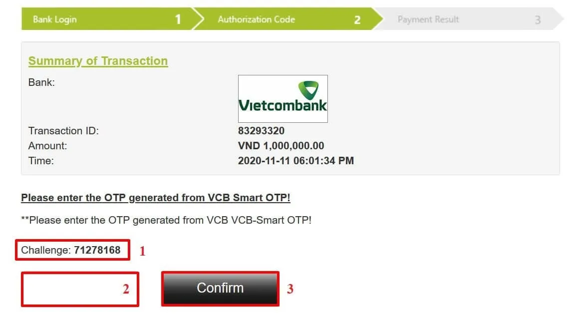 Nhập mã OTP và xác nhận thanh toán (giao diện năm 2023)