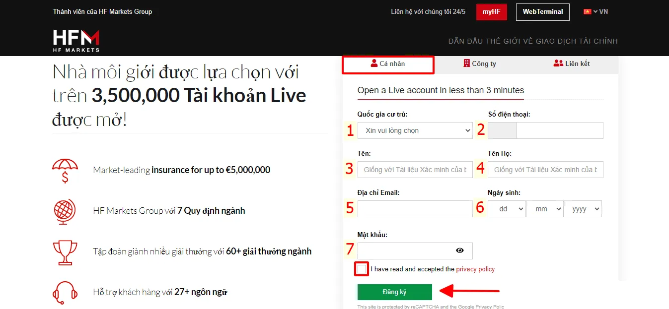 Biểu mẫu đăng ký ví myHF với quốc gia, số điện thoại, họ tên, email, ngày sinh, mật khẩu (giao diện năm 2023)