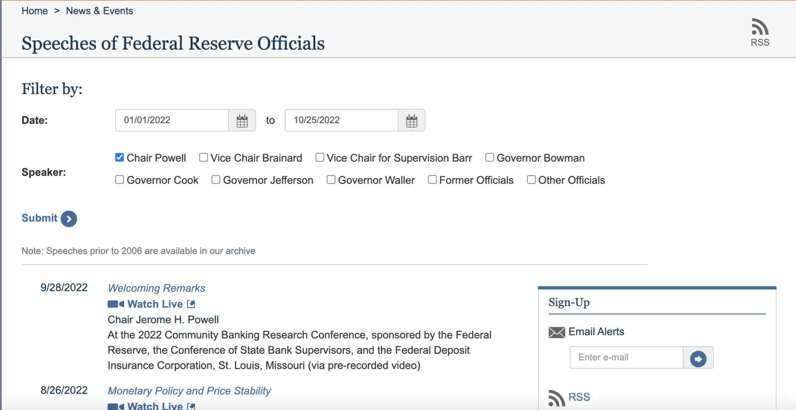 The page listing speeches by Federal Reserve officials on the federalreserve.gov website