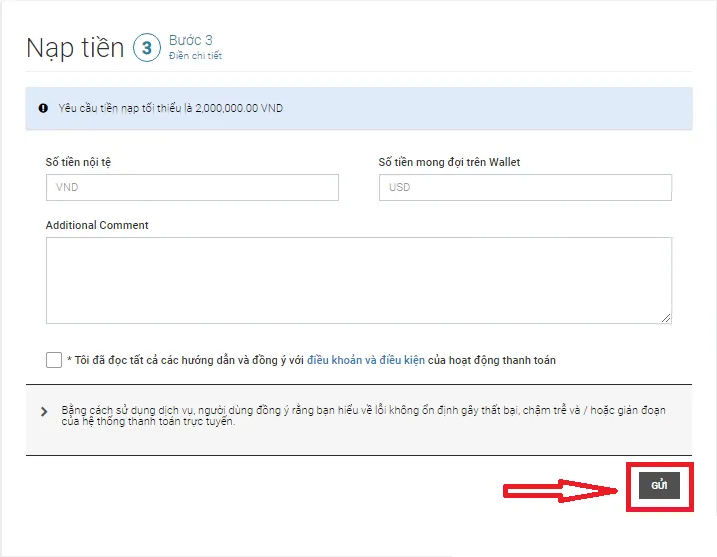 Deposit step 3, the form with the local currency amount, the expected wallet amount in USD, the terms checkbox and the Send button boxed in red