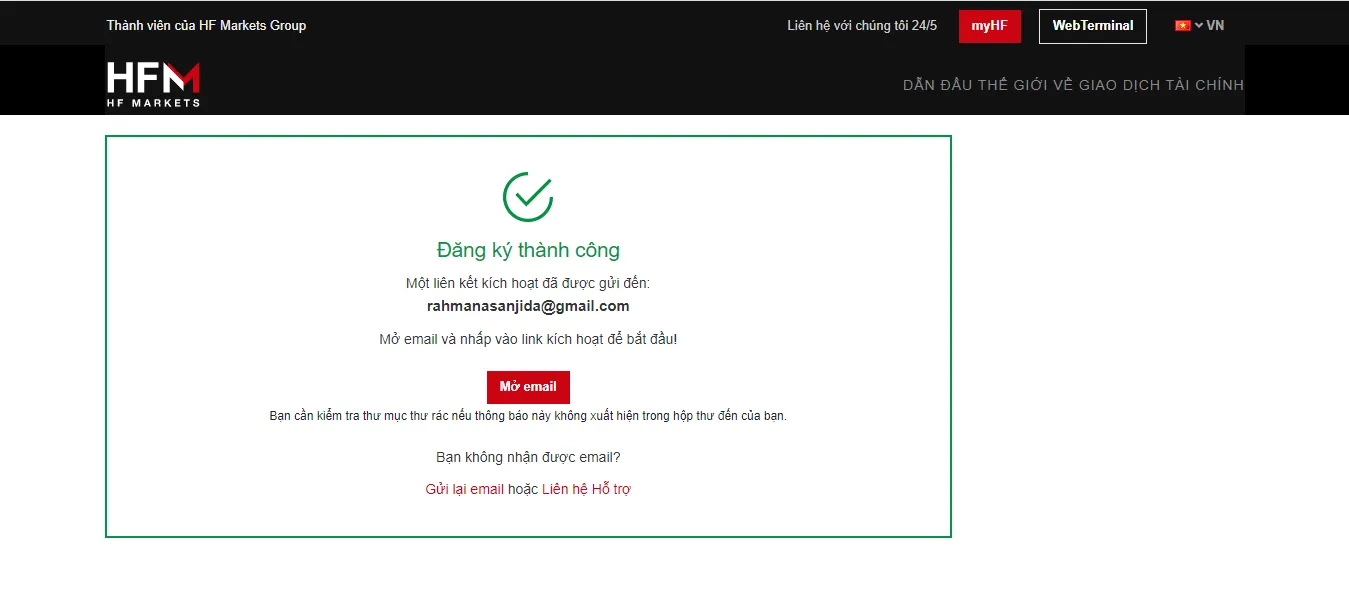 Thông báo đăng ký thành công và nút mở email (giao diện năm 2023)