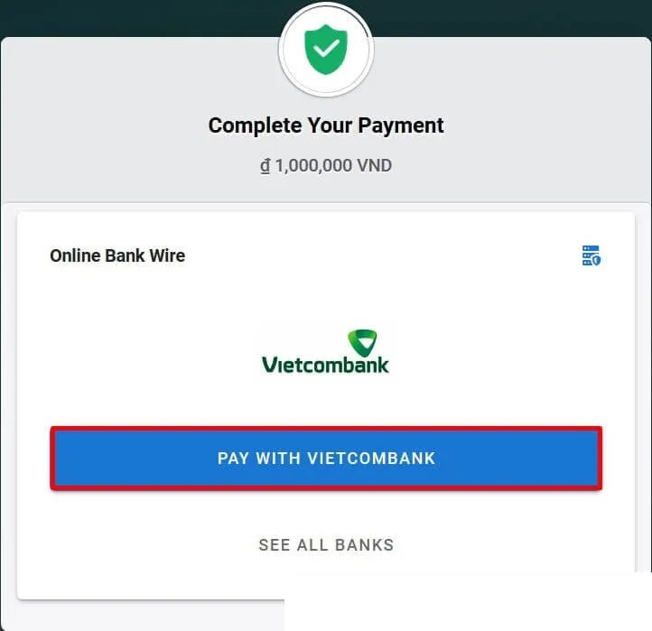 Nút thanh toán qua Vietcombank trên cổng thanh toán (giao diện năm 2023)