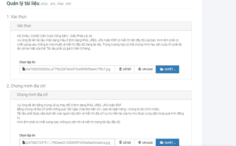 The document upload screen in the client area, with the identity and the proof of address sections (2023 interface)