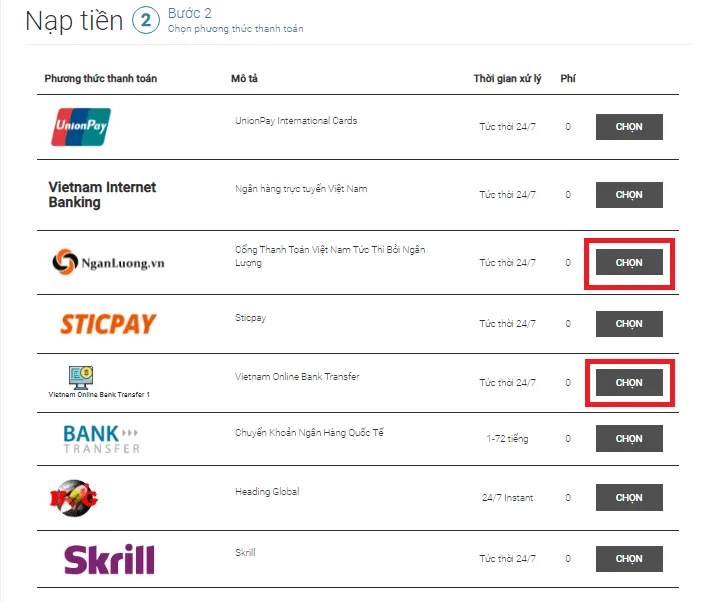 Deposit step 2, the payment method table listing UnionPay, local internet banking, SticPay, bank transfer and Skrill, each with a Select button