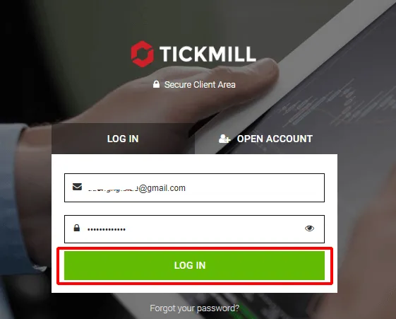Tickmill Secure Client Area sign-in box with the email and password fields filled in and the green Log in button boxed in red