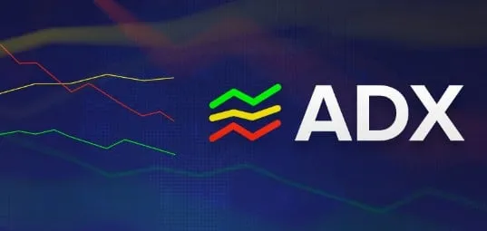 A banner with the word ADX over a dark chart background showing red, yellow and green indicator lines