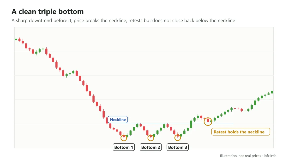 Illustration of a clean triple bottom after a sharp downtrend: price breaks the neckline, rises a little, retests without closing below, then rises further