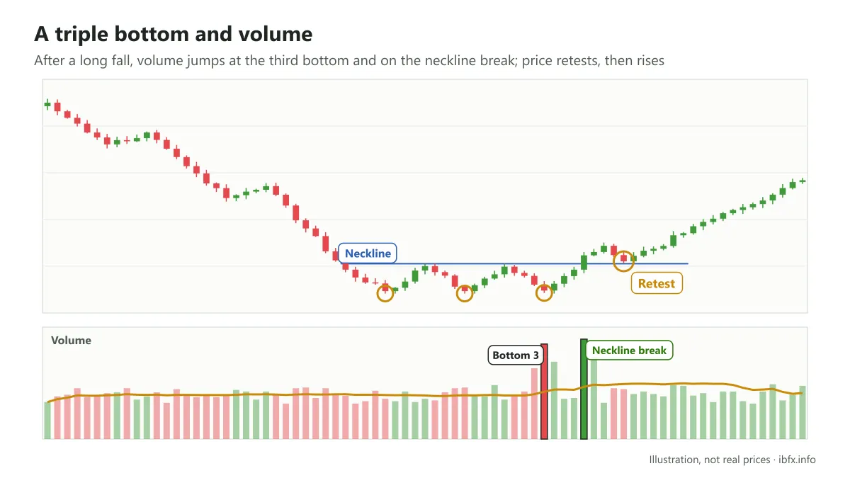 Illustration of a triple bottom after a long fall: volume jumps at the third bottom and on the neckline break, then price retests and rises