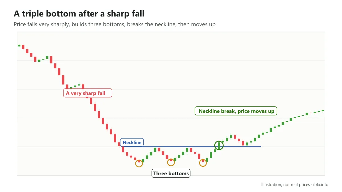 Illustration of a triple bottom after a very sharp fall, price breaking the neckline and then moving up