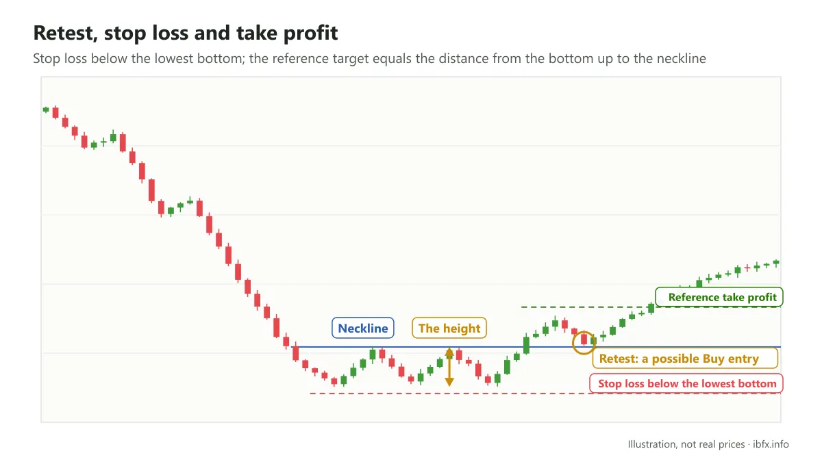 Illustration of price retesting the neckline of a triple bottom then rising, stop loss below the lowest bottom and target equal to the pattern height