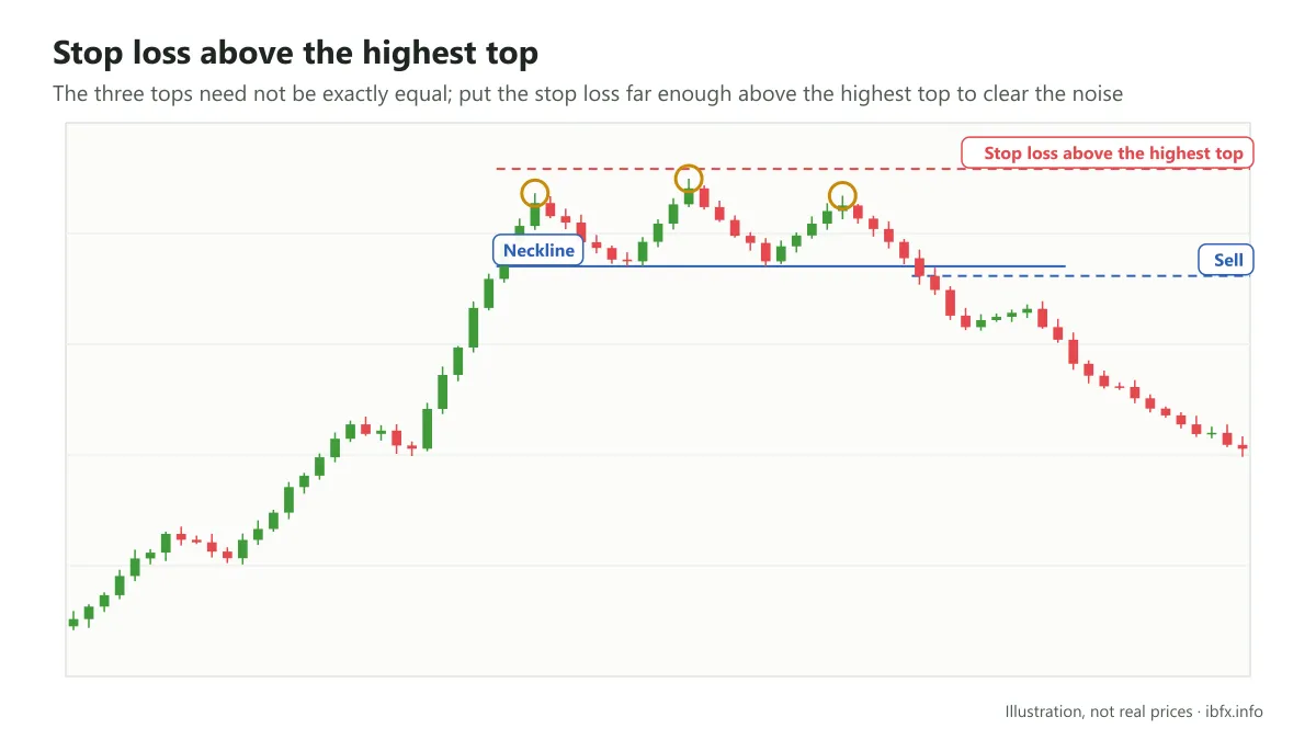 Illustration of a triple top whose middle top is the highest: the stop loss sits above the highest top of the pattern, Sell on the neckline break