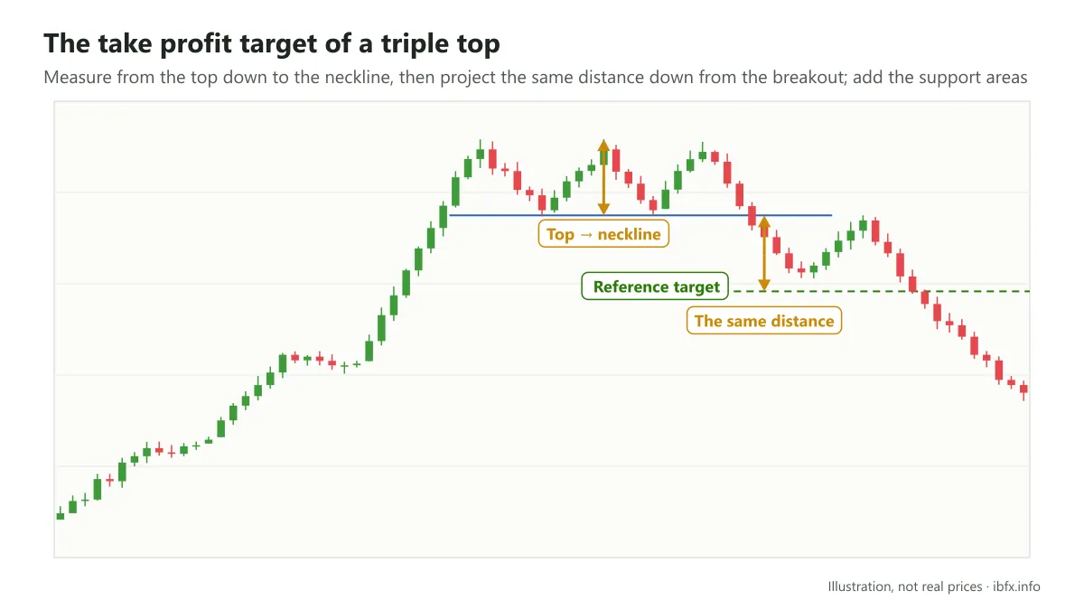 Illustration of measuring the height from the top down to the neckline of a triple top, then projecting the same distance down from the breakout for a target