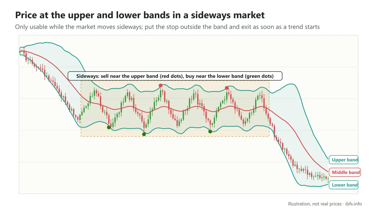 A sideways market on H1: price keeps moving up and down between the upper and the lower Bollinger Band