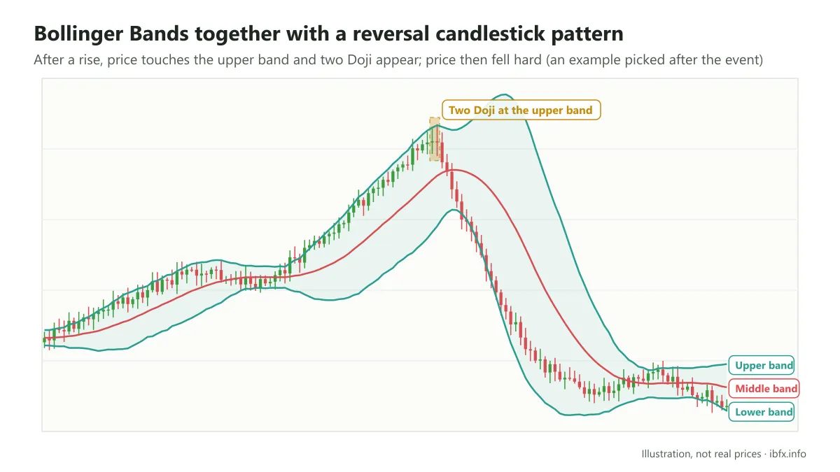Bollinger Bands with a candlestick pattern: after a rise price touches the upper band and two Doji form, then it falls hard