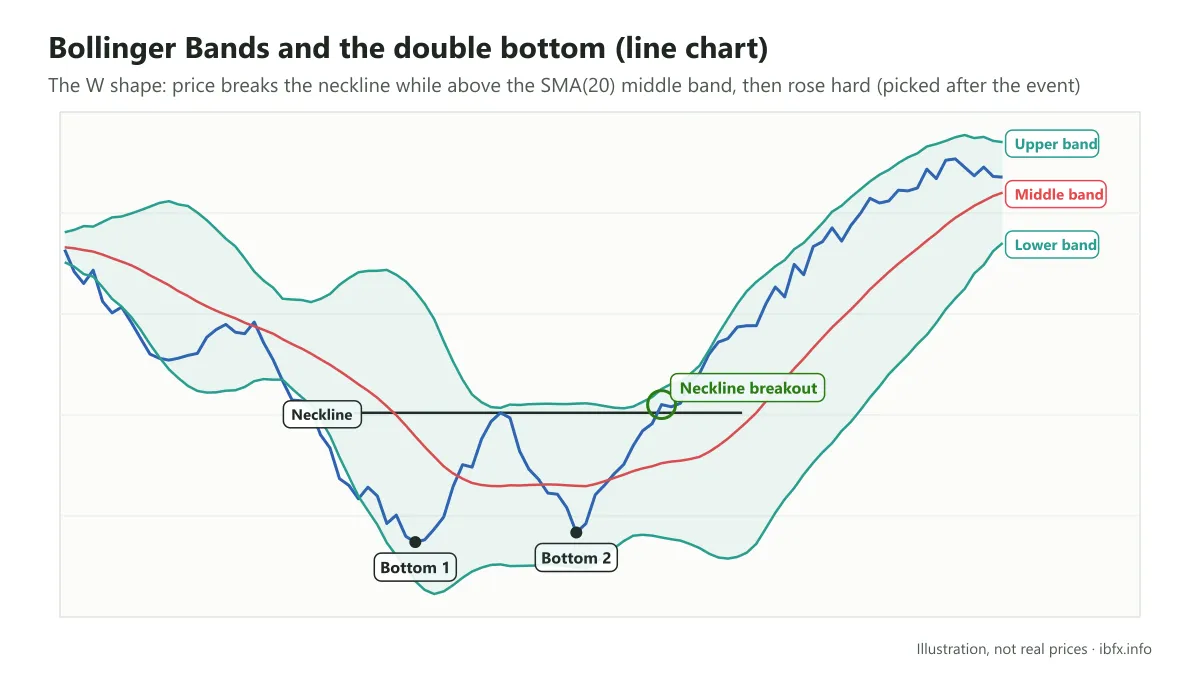 A double bottom on a line chart with Bollinger Bands: price breaks the neckline while above the middle band, then rises hard