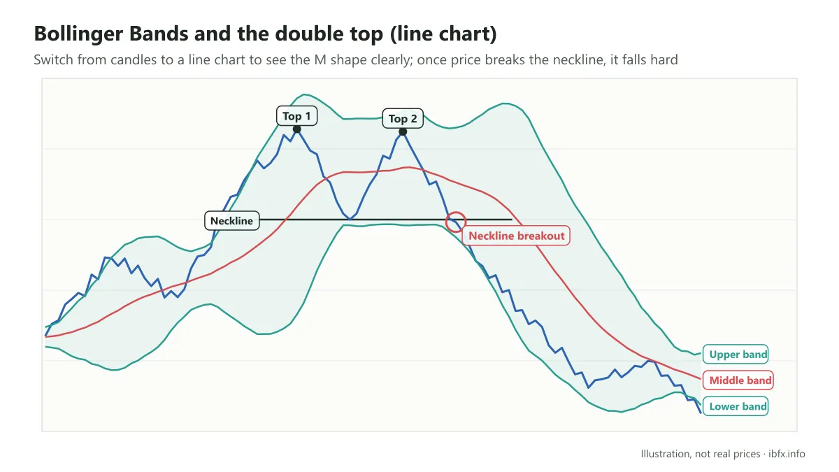 A double top on a line chart with Bollinger Bands: both tops reach the upper band, price breaks the neckline and falls hard