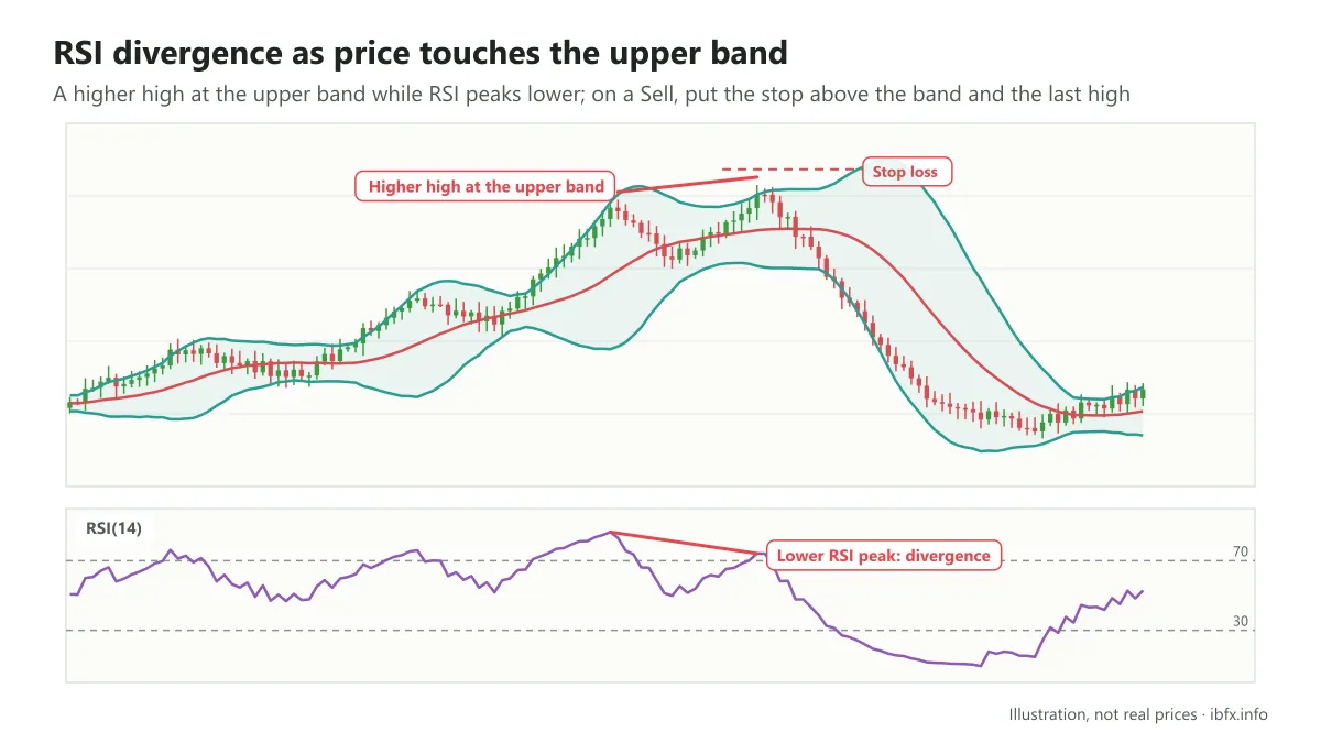 RSI divergence as price touches the upper Bollinger Band on H4: a higher high on price but a lower RSI peak, then price falls