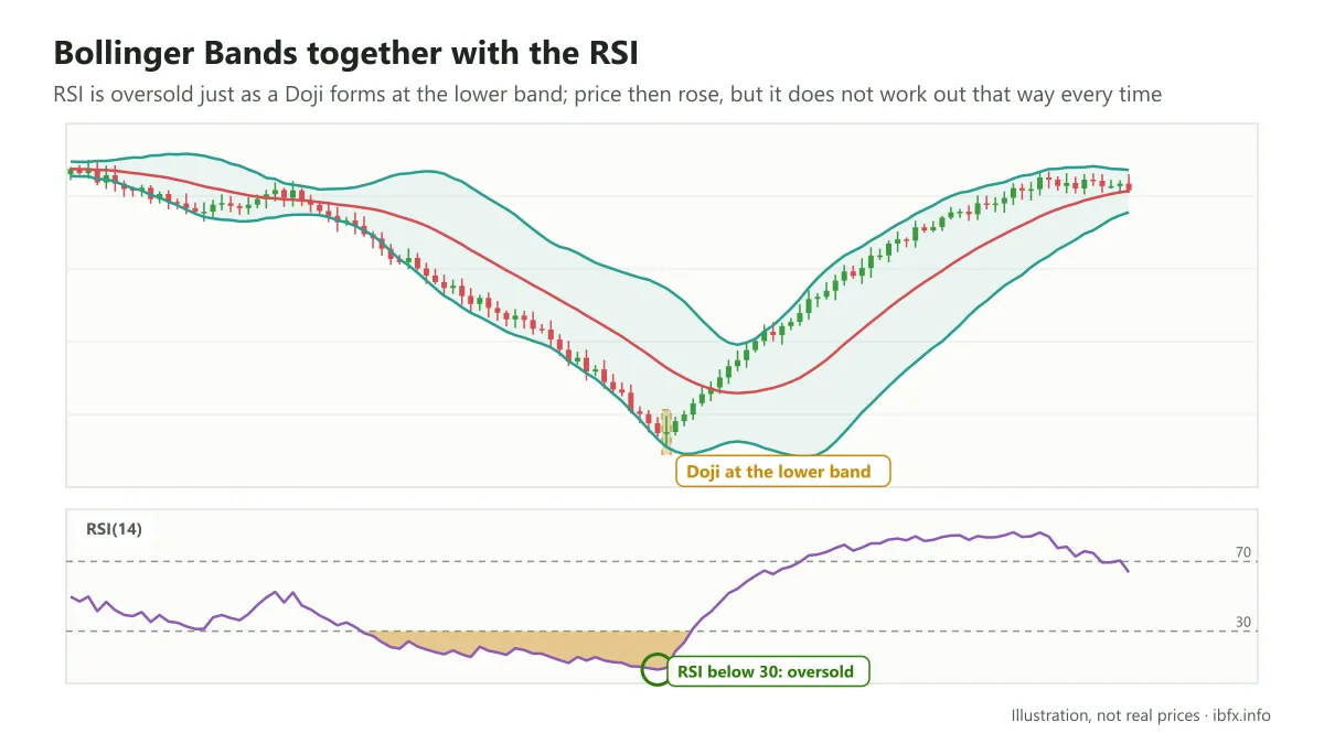 RSI below 30 just as a Doji forms at the lower Bollinger Band on the daily chart, after which price rises