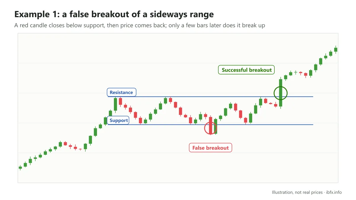 Diagram of a false breakout: a red candle closes below support then price returns to the range, and a few bars later a long green candle breaks up