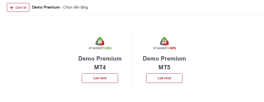 Chọn nền tảng và mức đòn bẩy khi mở tài khoản demo (giao diện năm 2023)