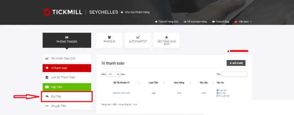 The Wallets page of the client area, one USD wallet listed, with a red arrow pointing at the Withdraw entry in the left-hand menu