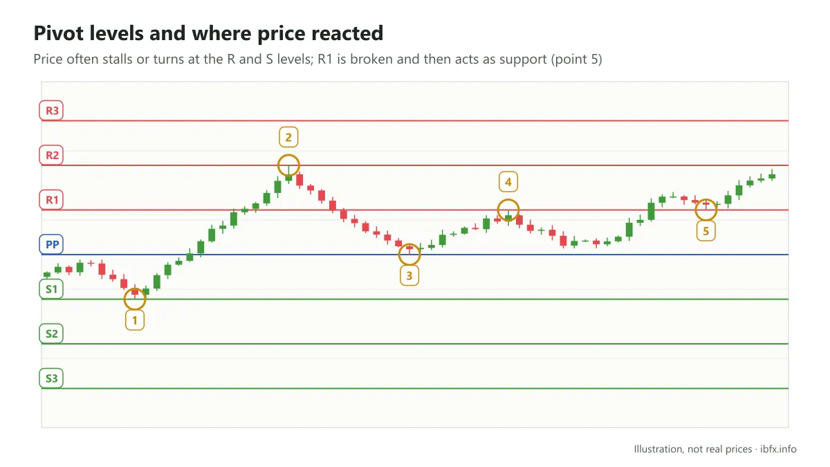 Chart showing the Pivot levels R3, R2, R1, PP, S1, S2, S3 and five times price stalled or turned at those levels