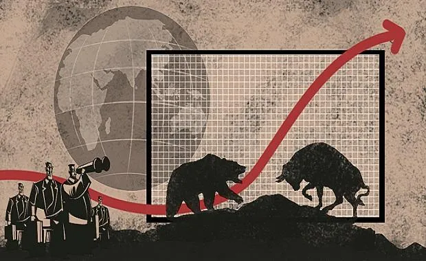 Illustration of a bull and a bear beneath a rising price arrow, next to a globe