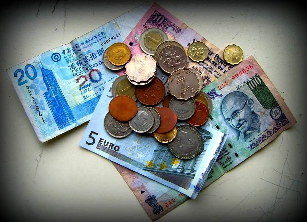 Banknotes and coins from several countries