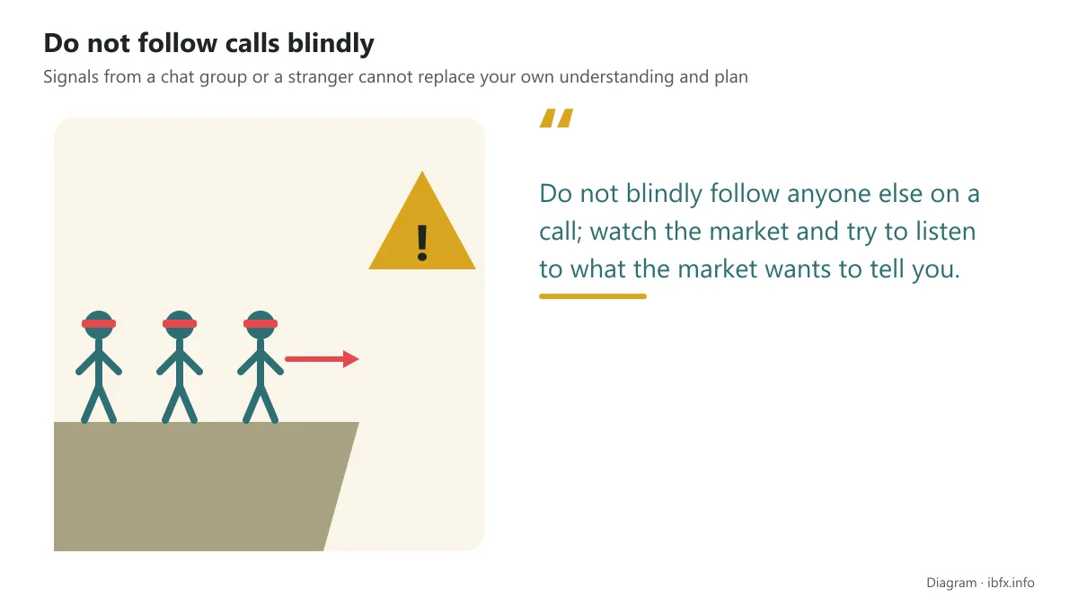 Quote card: do not blindly follow anyone else, watch the market yourself, with three blindfolded figures walking toward a cliff edge