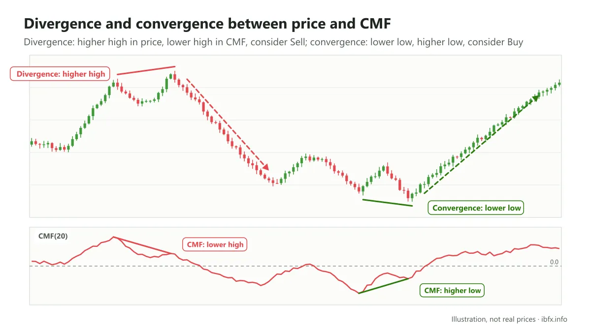 Chart of divergence and convergence between price and CMF: a higher high in price with a lower high in CMF, then a lower low with a higher low