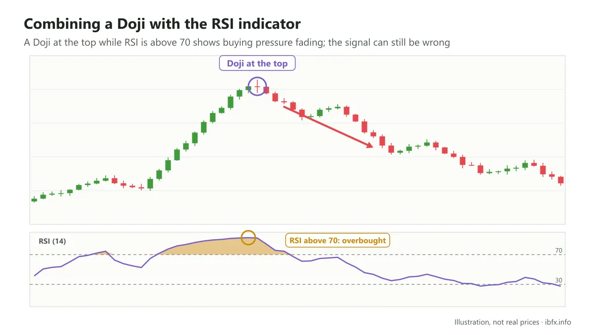 Chart showing a Doji at the top of a rally while RSI passes 70 into overbought, after which price falls