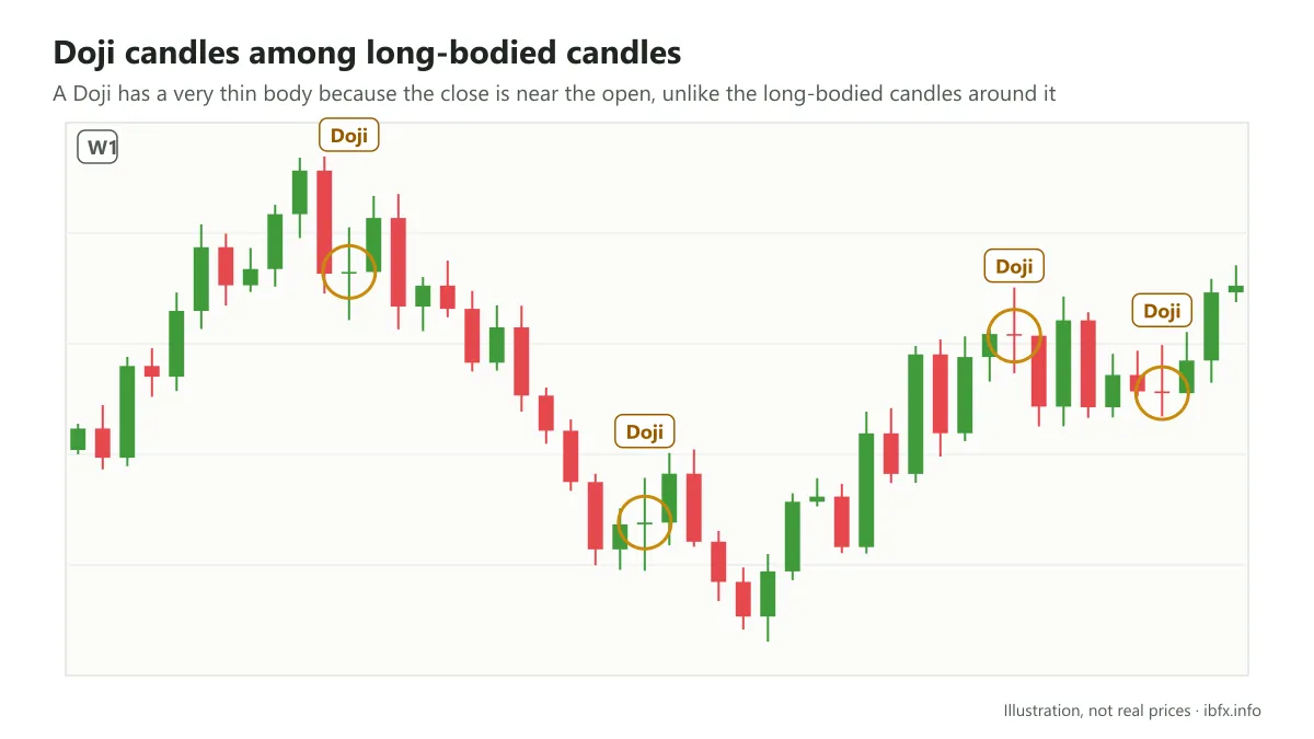Weekly chart with several very thin-bodied Doji candles circled, standing among long-bodied candles