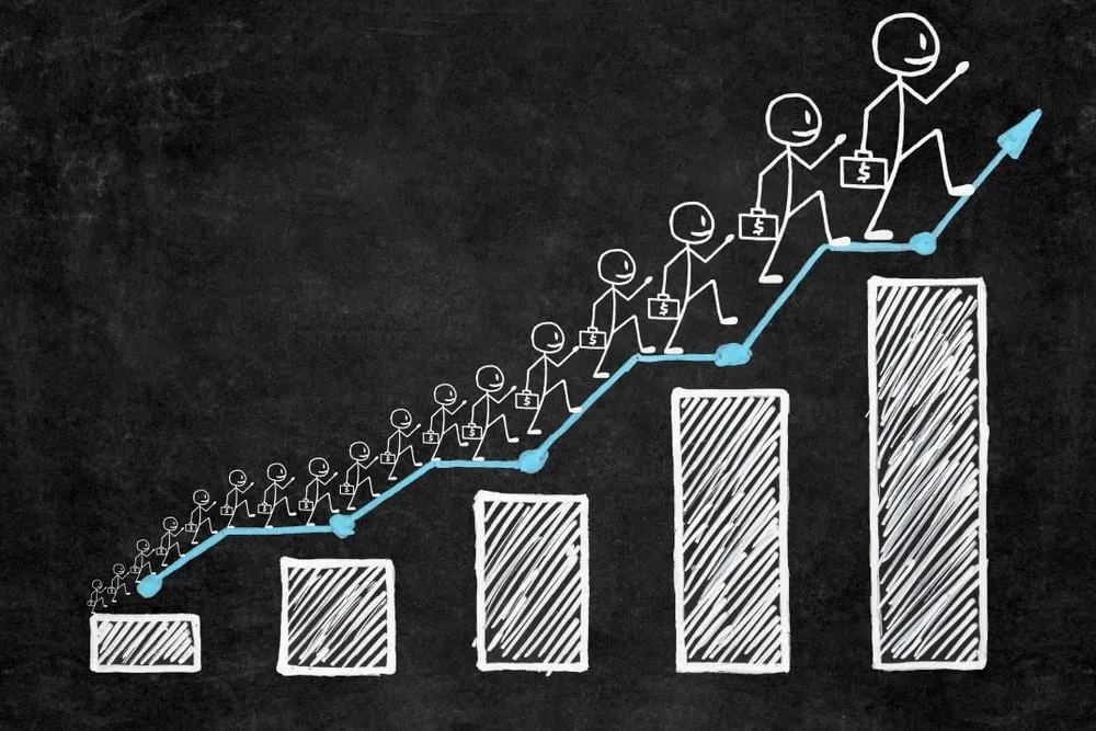 Chalk drawing of people climbing a staircase of rising bar chart columns