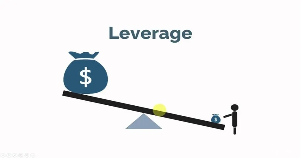 Leverage illustrated: a small figure lifting a large money bag on a seesaw