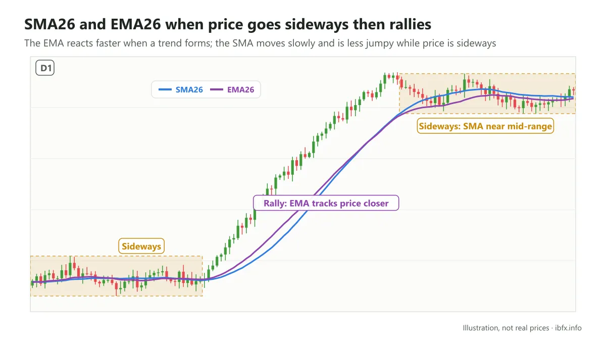 Chart with SMA26 and EMA26: in the rally the EMA tracks price closer, while price is sideways the SMA sits near the middle of the range