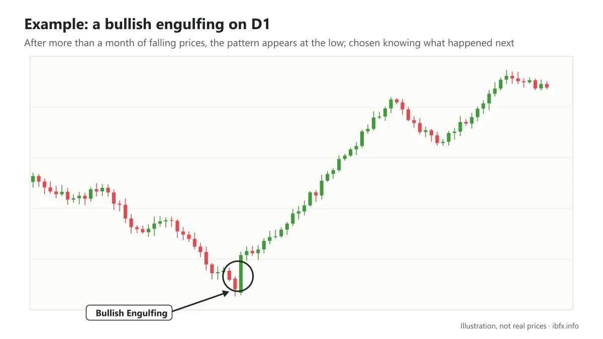 A bullish engulfing on the daily chart at the low after more than a month of falling prices, followed by a strong rise