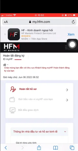 The myHF client area on a phone, open at the investor information and economic profile section (2023 interface)