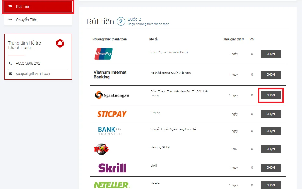 Withdrawal step 2, the payout method table listing UnionPay, local internet banking, SticPay, bank transfer, Skrill and Neteller with Select buttons