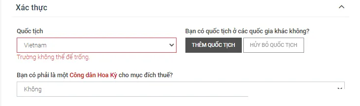 The verification fields: nationality, adding another nationality, and whether you are a US citizen for tax purposes (2023 interface)