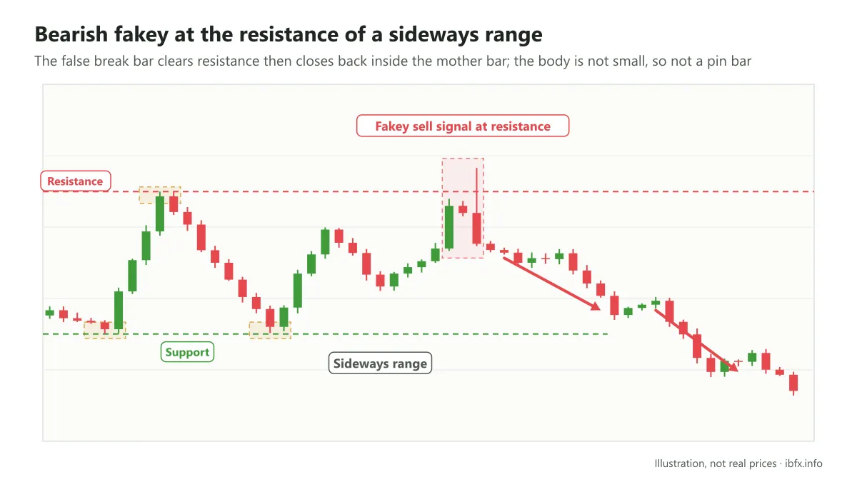 Chart showing a sideways range: a false break above resistance closes back inside the mother bar, a fakey sell signal, then price falls