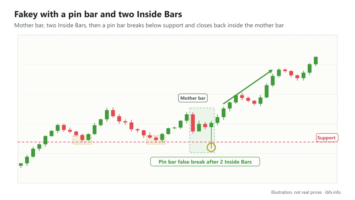 Chart showing a bullish fakey: mother bar, two Inside Bars, then a long wick pin bar breaks below support and closes back, and price rises