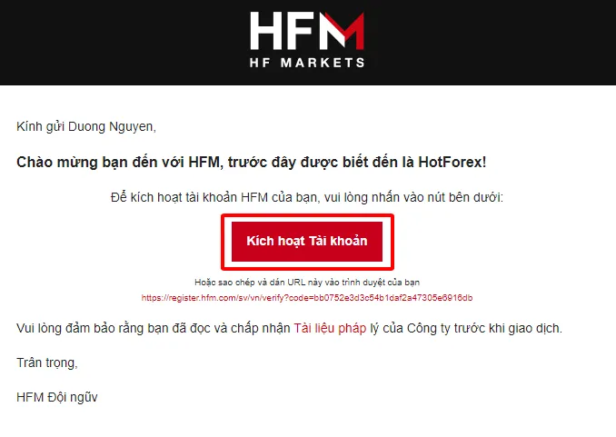 Email kích hoạt tài khoản myHF (giao diện năm 2023)