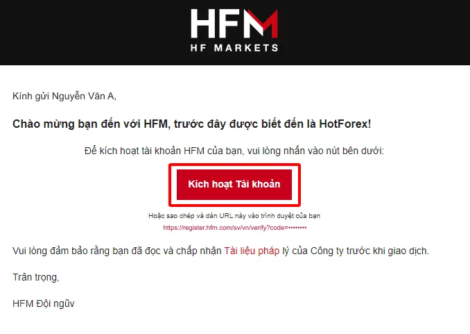 The myHF activation email with the Activate Account button in the middle (2023 interface)