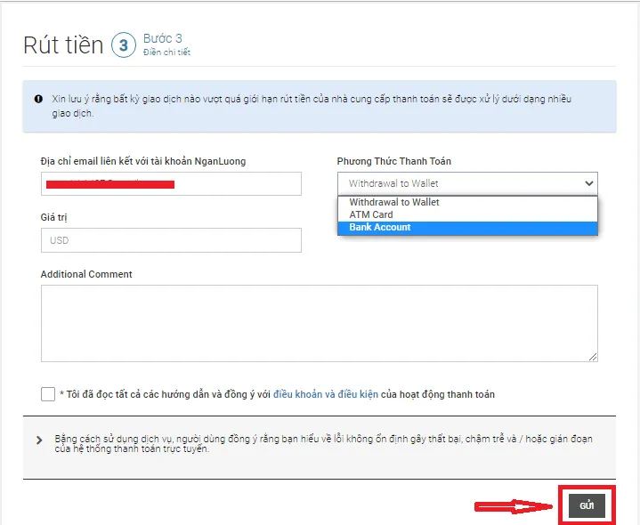 Withdrawal step 3, the details form with the amount field, the Payment Method dropdown open on Bank Account, and the Send button boxed in red