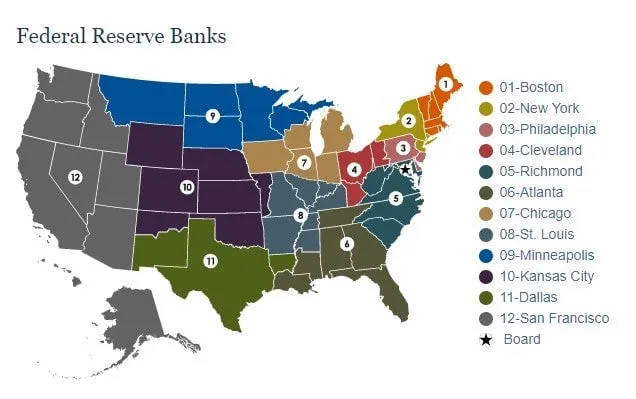 Map of the 12 districts of the Federal Reserve Banks in the United States