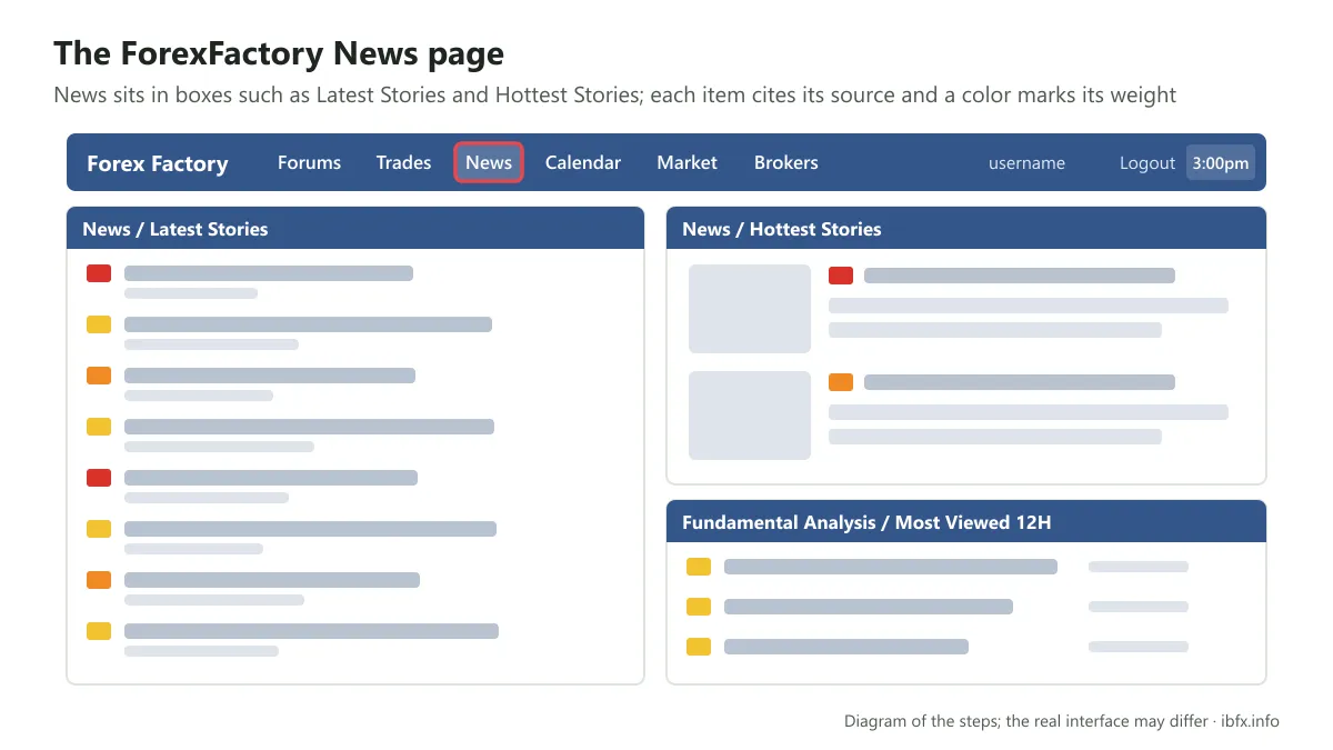 Diagram of the ForexFactory News page with the Latest Stories, Hottest Stories and Fundamental Analysis boxes, each item citing its source